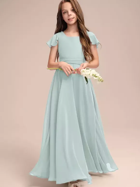 Robes de demoiselle d'honneur blanches Robes pour occasions spéciales Robes de demoiselle d'honneur en mousseline bleue à manches courtes et col bijou