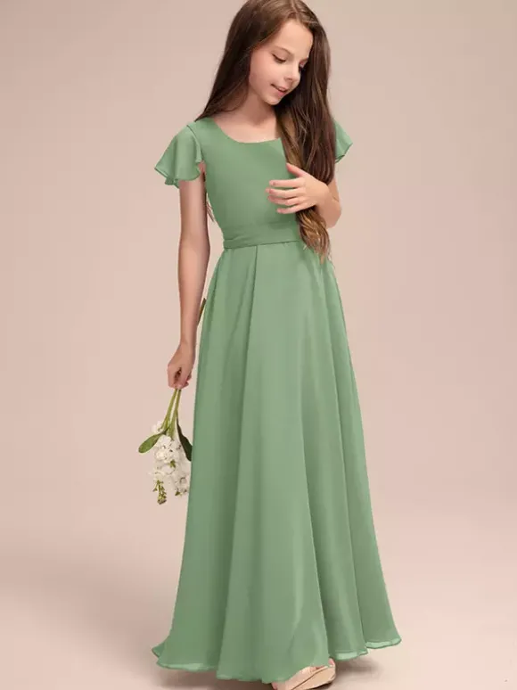 Robes de demoiselle d'honneur blanches Robes pour occasions spéciales Robes de demoiselle d'honneur en mousseline bleue à manches courtes et col bijou