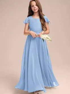 Robes de demoiselle d'honneur blanches Robes pour occasions spéciales Robes de demoiselle d'honneur en mousseline bleue à manches courtes et col bijou