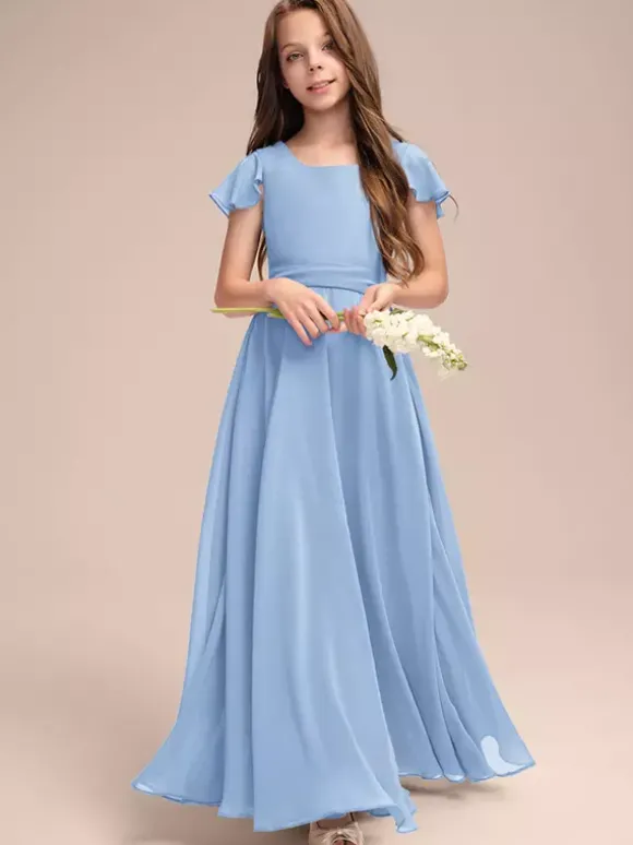 Robes de demoiselle d'honneur blanches Robes pour occasions spéciales Robes de demoiselle d'honneur en mousseline bleue à manches courtes et col bijou