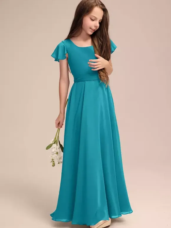 Robes de demoiselle d'honneur blanches Robes pour occasions spéciales Robes de demoiselle d'honneur en mousseline bleue à manches courtes et col bijou