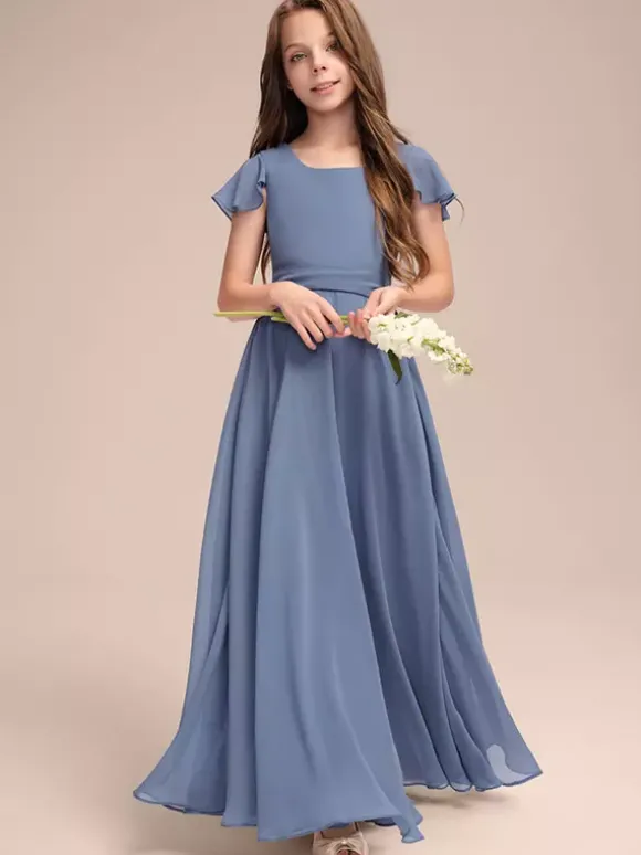 Robes de demoiselle d'honneur blanches Robes pour occasions spéciales Robes de demoiselle d'honneur en mousseline bleue à manches courtes et col bijou