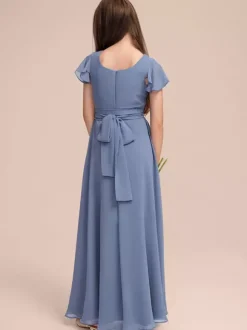 Robes de demoiselle d'honneur blanches Robes pour occasions spéciales Robes de demoiselle d'honneur en mousseline bleue à manches courtes et col bijou