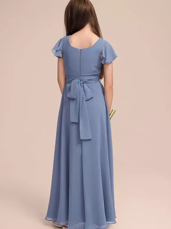 Robes de demoiselle d'honneur blanches Robes pour occasions spéciales Robes de demoiselle d'honneur en mousseline bleue à manches courtes et col bijou