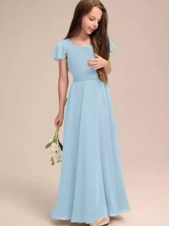 Robes de demoiselle d'honneur blanches Robes pour occasions spéciales Robes de demoiselle d'honneur en mousseline bleue à manches courtes et col bijou