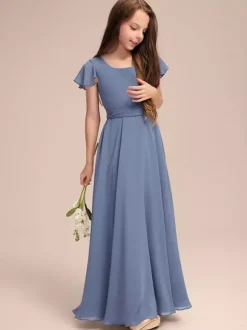 Robes de demoiselle d'honneur blanches Robes pour occasions spéciales Robes de demoiselle d'honneur en mousseline bleue à manches courtes et col bijou