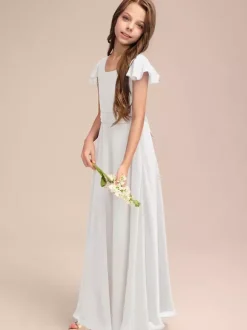 Robes de demoiselle d'honneur blanches Robes pour occasions spéciales Robes de demoiselle d'honneur en mousseline bleue à manches courtes et col bijou