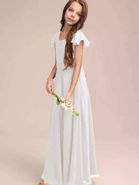 Robes de demoiselle d'honneur blanches Robes pour occasions spéciales Robes de demoiselle d'honneur en mousseline bleue à manches courtes et col bijou