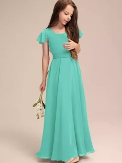 Robes de demoiselle d'honneur blanches Robes pour occasions spéciales Robes de demoiselle d'honneur en mousseline bleue à manches courtes et col bijou