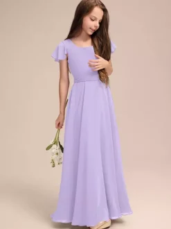 Robes de demoiselle d'honneur blanches Robes pour occasions spéciales Robes de demoiselle d'honneur en mousseline bleue à manches courtes et col bijou