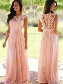 Robes de demoiselle d'honneur rose clair en chiffon col rond en dentelle longueur au sol