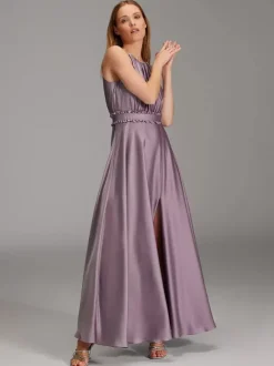 Robes de demoiselle d'honneur en soie élastique comme du satin robe de bal trapèze longueur au sol