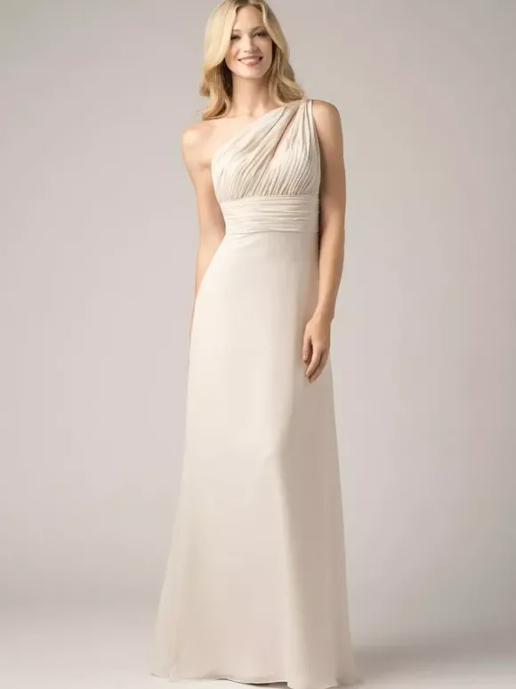 Robes de demoiselle d'honneur champagne en mousseline de soie dos nu froncé robe de bal trapèze