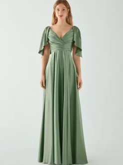 Robes de demoiselle d'honneur trapèze longueur au sol fermeture éclair élastique en soie comme satin robe de soirée de mariage