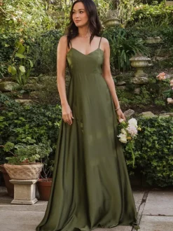 Robes de demoiselle d'honneur en tissu satiné robe de bal trapèze longueur au sol