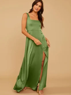 Robes de demoiselle d'honneur ligne a longueur au sol fermeture éclair tissu satiné robe de soirée de mariage
