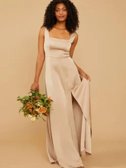 Robes de demoiselle d'honneur ligne a longueur au sol fermeture éclair tissu satiné robe de soirée de mariage
