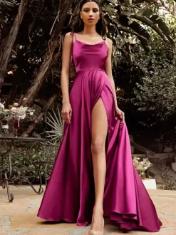 Robes de demoiselle d'honneur ligne a longueur au sol fermeture éclair tissu satiné robe de soirée de mariage