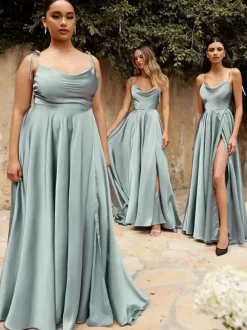 Robes de demoiselle d'honneur ligne a longueur au sol fermeture éclair tissu satiné robe de soirée de mariage
