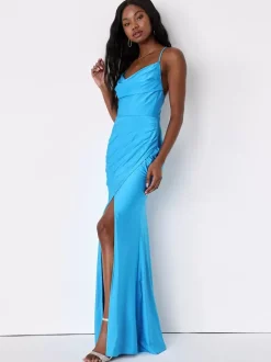 Robes de demoiselle d'honneur bretelles spaghetti dos nu fente haute robe longue pour fête de mariage