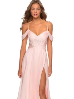 Robes de demoiselle d'honneur rose pâle en chiffon à bretelles jupe fendu longueur au sol