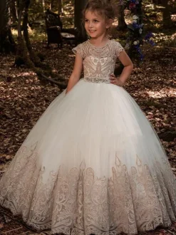 Robes de fille de fleur blanche Champagne Tulle manches courtes bijou cou robes de fille de fleur