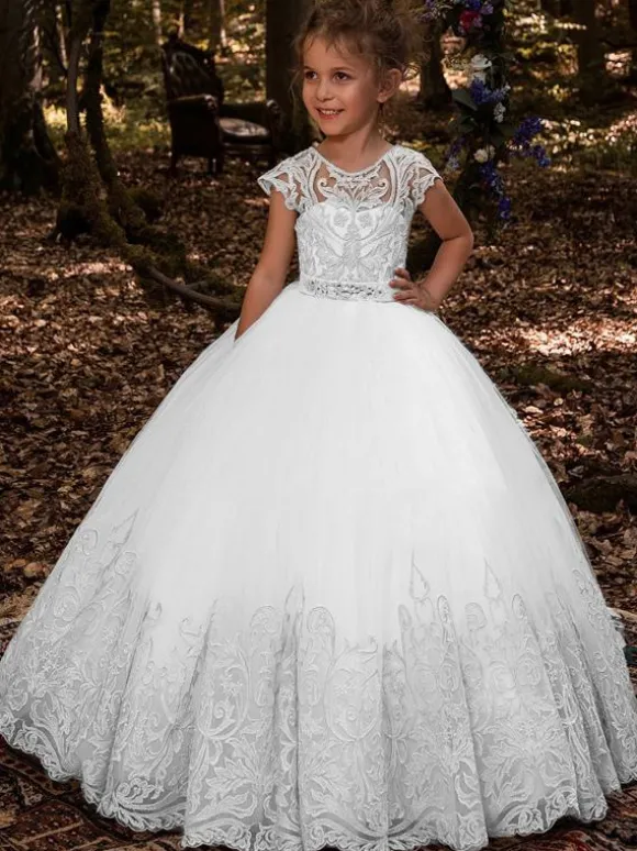 Robes de fille de fleur blanche Champagne Tulle manches courtes bijou cou robes de fille de fleur