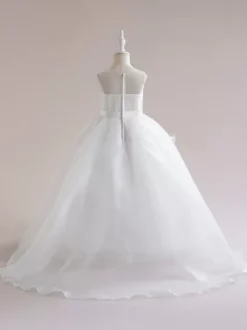 Robes de fille de fleur blanche Robes d'occasion spéciale Tulle blanc sans manches col bijou Robes de fille de fleur