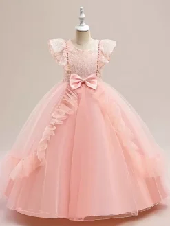 Robes de fille de fleur blanche robes d'occasion spéciale Tulle bordeaux manches courtes col bijou robes de fille de fleur