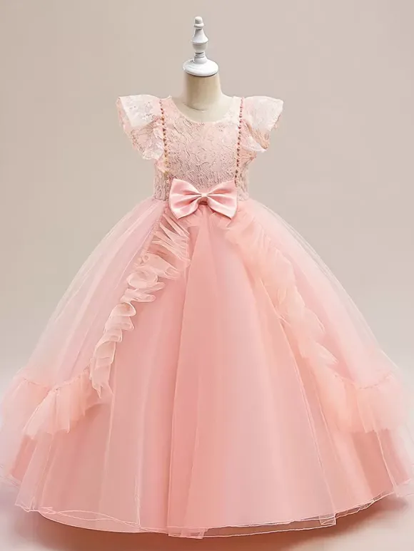 Robes de fille de fleur blanche robes d'occasion spéciale Tulle bordeaux manches courtes col bijou robes de fille de fleur