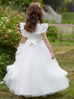 Robes de fille de fleur blanche robes d'occasion spéciale Tulle bordeaux manches courtes col bijou robes de fille de fleur