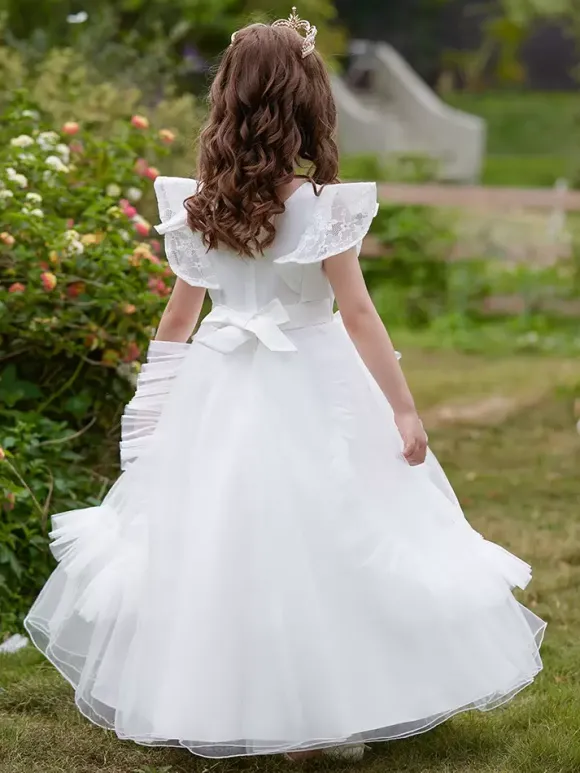 Robes de fille de fleur blanche robes d'occasion spéciale Tulle bordeaux manches courtes col bijou robes de fille de fleur