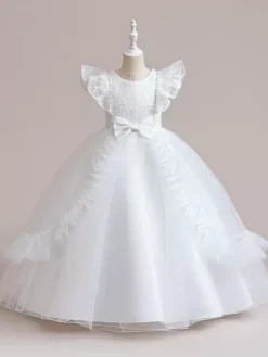 Robes de fille de fleur blanche robes d'occasion spéciale Tulle bordeaux manches courtes col bijou robes de fille de fleur