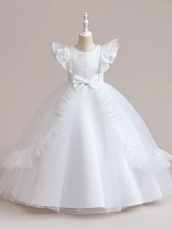 Robes de fille de fleur blanche robes d'occasion spéciale Tulle bordeaux manches courtes col bijou robes de fille de fleur