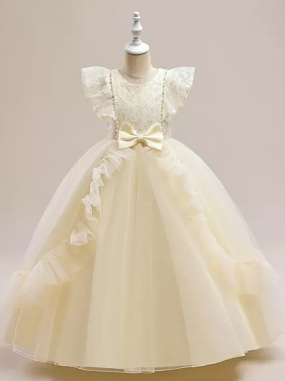 Robes de fille de fleur blanche robes d'occasion spéciale Tulle bordeaux manches courtes col bijou robes de fille de fleur