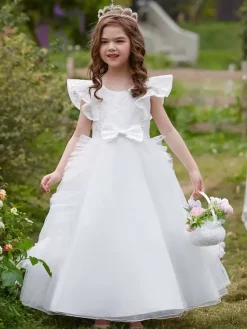 Robes de fille de fleur blanche robes d'occasion spéciale Tulle bordeaux manches courtes col bijou robes de fille de fleur