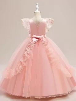 Robes de fille de fleur blanche robes d'occasion spéciale Tulle bordeaux manches courtes col bijou robes de fille de fleur