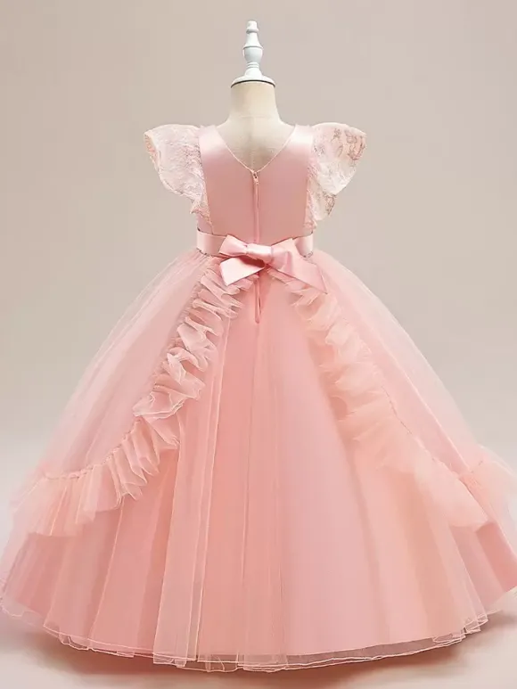 Robes de fille de fleur blanche robes d'occasion spéciale Tulle bordeaux manches courtes col bijou robes de fille de fleur