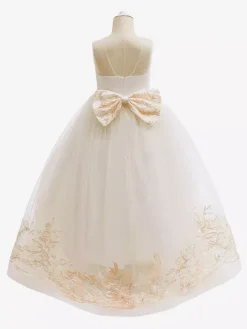 Robes de fille de fleur blanche Champagne dentelle sans manches bijou cou robes de fille de fleur