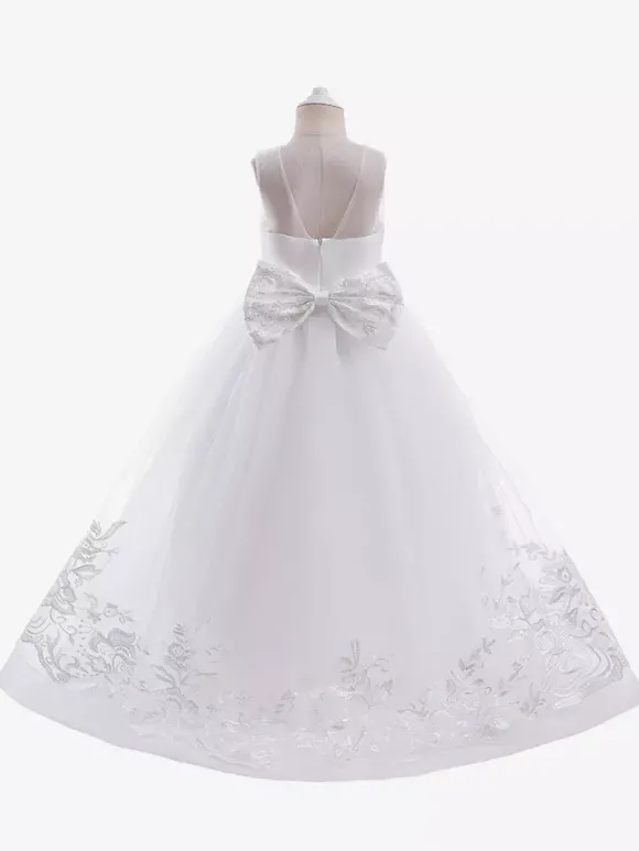 Robes de fille de fleur blanche Champagne dentelle sans manches bijou cou robes de fille de fleur