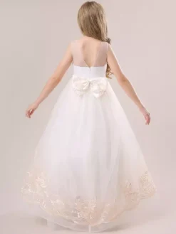 Robes de fille de fleur blanche Champagne dentelle sans manches bijou cou robes de fille de fleur