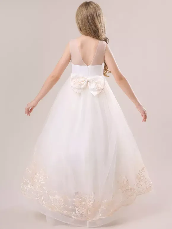 Robes de fille de fleur blanche Champagne dentelle sans manches bijou cou robes de fille de fleur