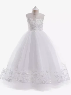 Robes de fille de fleur blanche Champagne dentelle sans manches bijou cou robes de fille de fleur