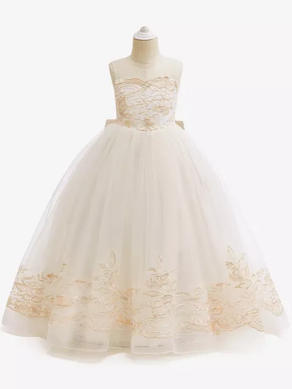 Robes de fille de fleur blanche Champagne dentelle sans manches bijou cou robes de fille de fleur