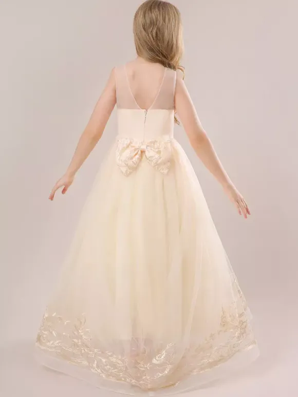 Robes de fille de fleur blanche Champagne dentelle sans manches bijou cou robes de fille de fleur
