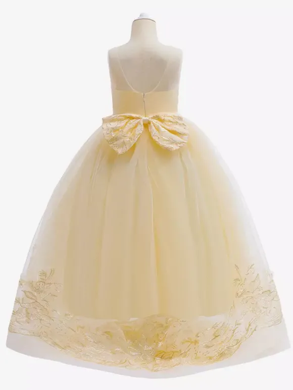 Robes de fille de fleur blanche Champagne dentelle sans manches bijou cou robes de fille de fleur