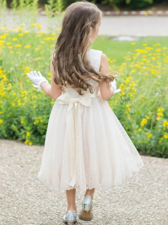 Robes de fille de fleur Champagne Polyester sans manches col bijou robes de fille de fleur