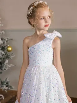 Robes de fille de fleur de mariage Robes d'occasion spéciale Paillettes blanches sans manches