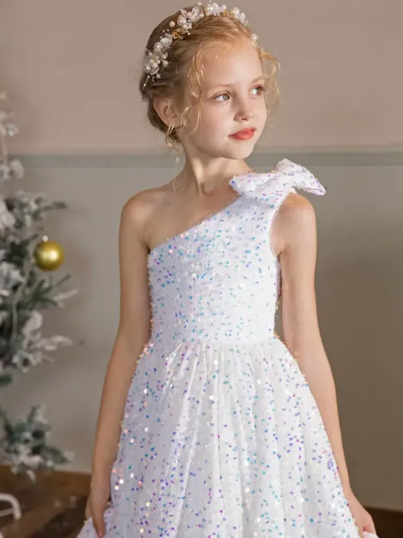 Robes de fille de fleur de mariage Robes d'occasion spéciale Paillettes blanches sans manches