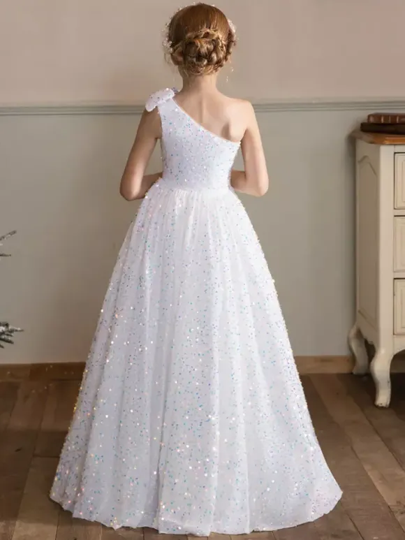 Robes de fille de fleur de mariage Robes d'occasion spéciale Paillettes blanches sans manches